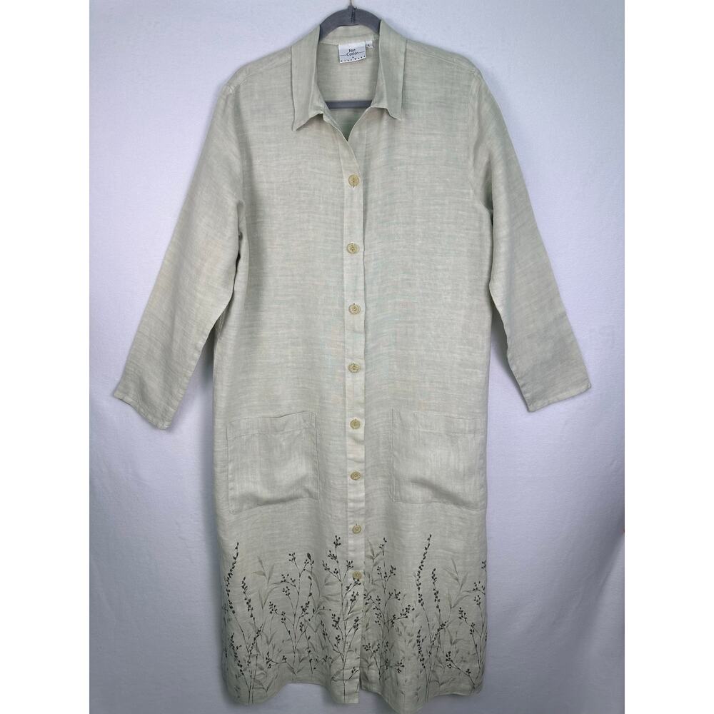 Hot Cotton by Marc Ware Linen Shirt Dress Beige Floral Print Button Front Large - Picture 2 of 10